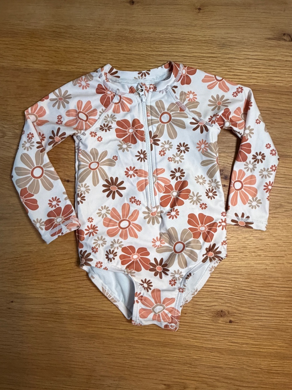 Girls Long-Sleeve Floral Swim One-Piece - White with Orange & Tan Flowers